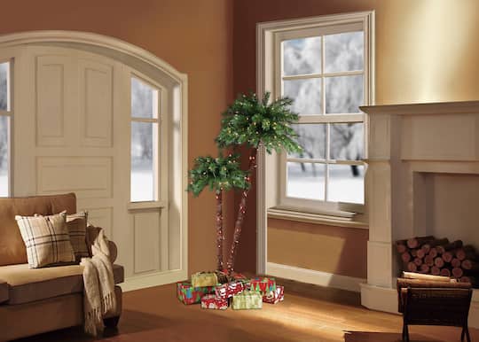 3.5ft. & 6ft. Double Trunk Pre-Lit Artificial Palm Tree, Clear Lights